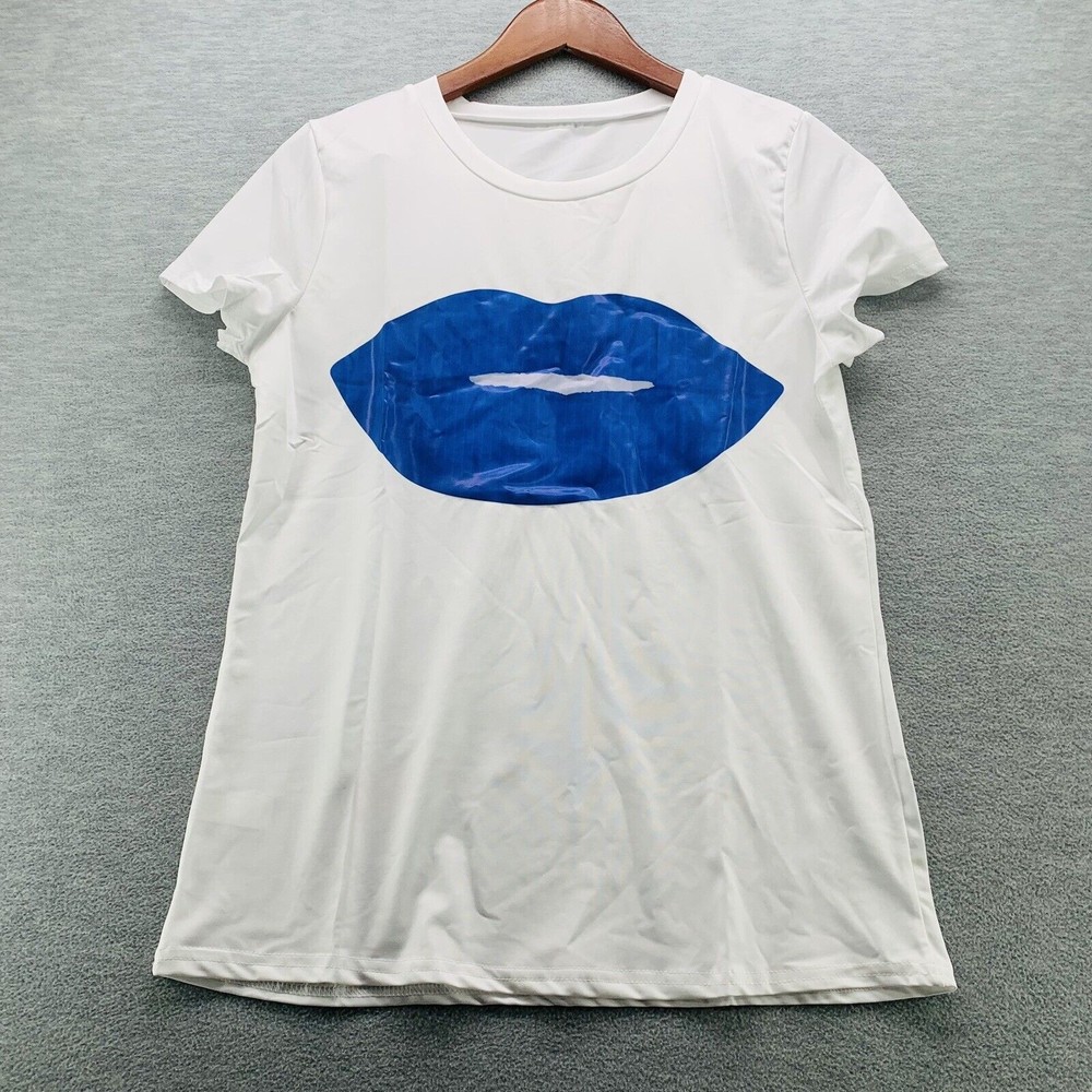 Women's White Short Sleeve Blue Lips Shirt Size Small (A41)